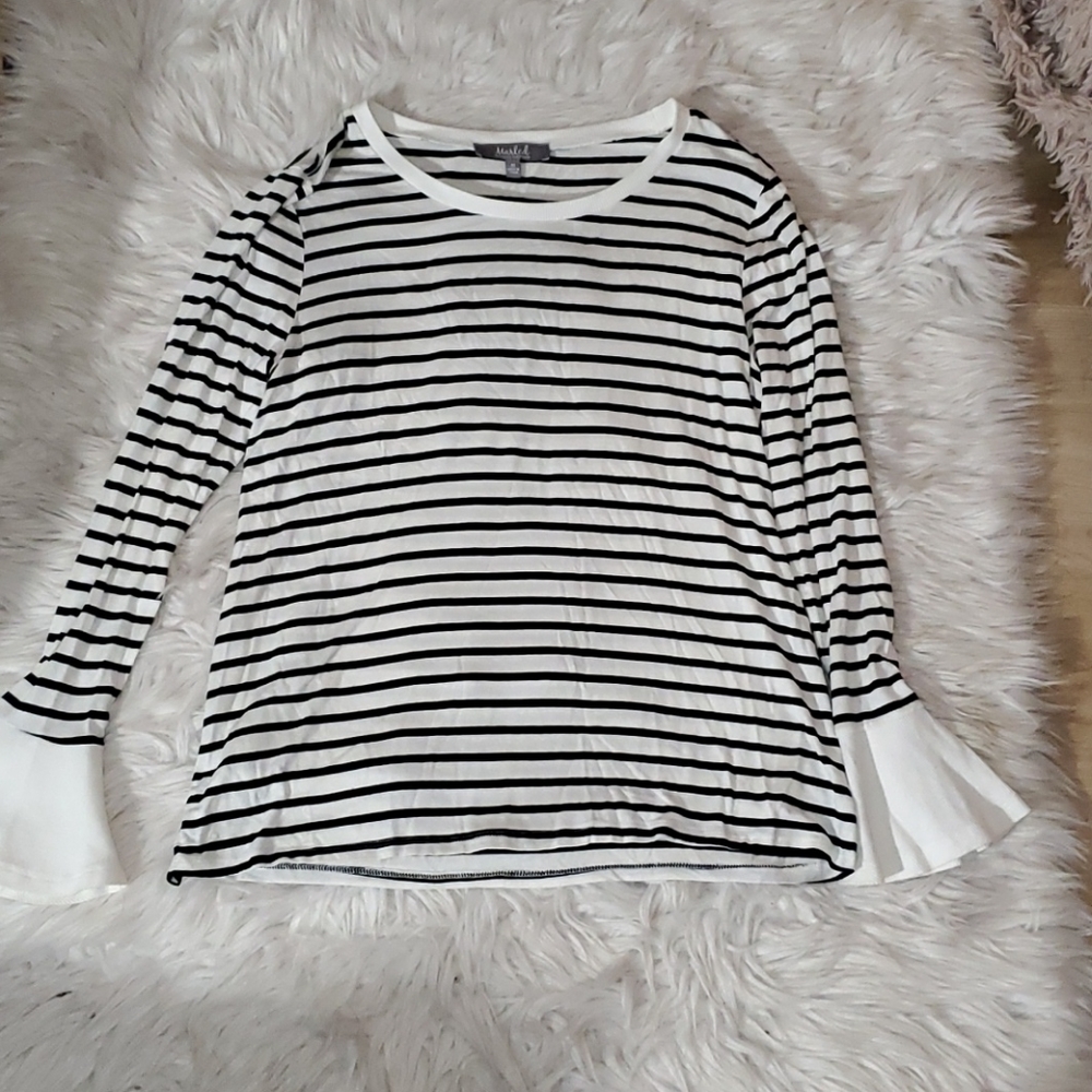 **Marled Black & White Striped Long Sleeve Top – Bell Sleeve – Size M**